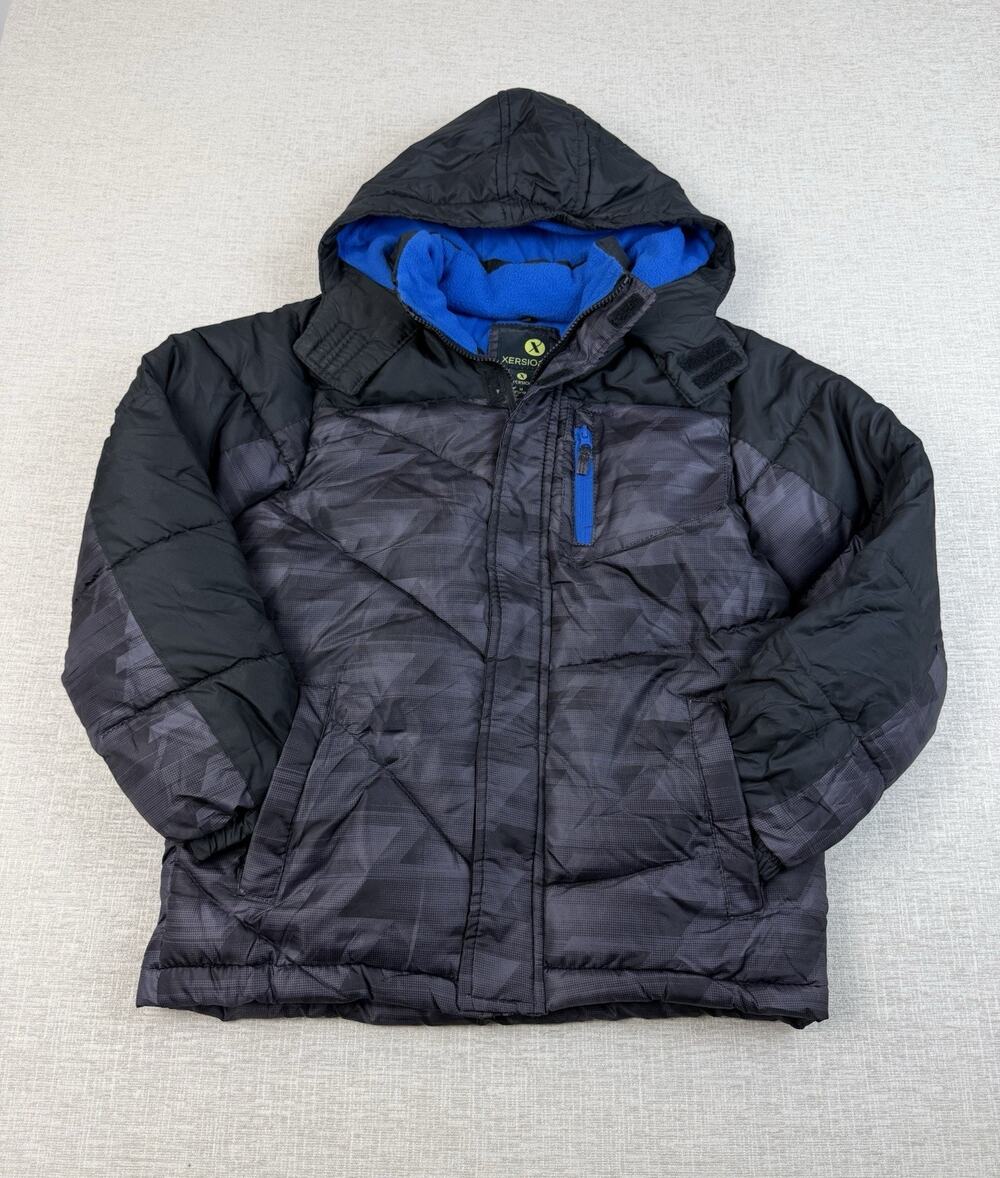 Xersion Boys Medium 10/12 Black Gray Camo Puffer Jacket Hooded Fleece Lined